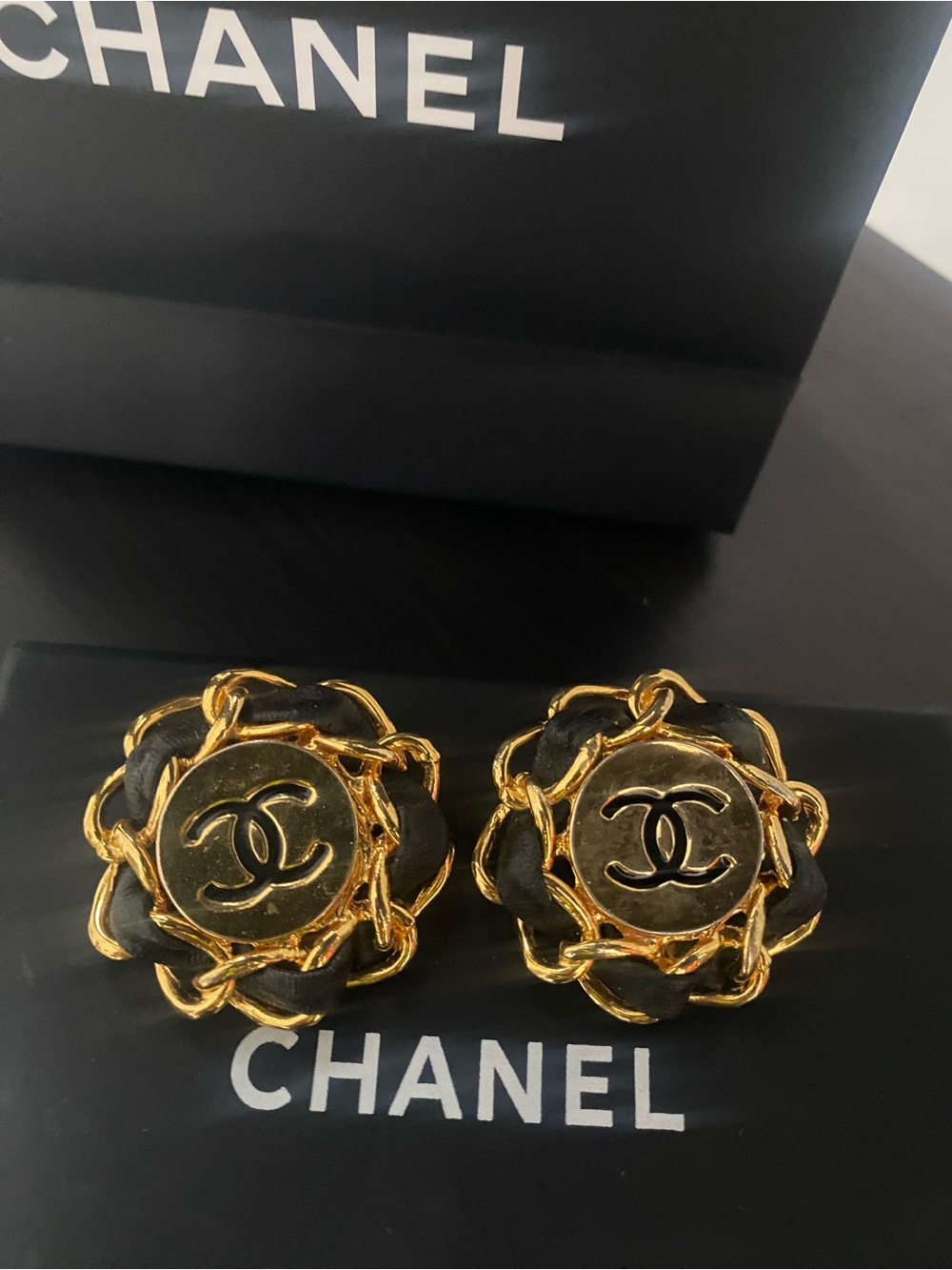 Authentic Chanel Black and Gold CC Logo Flower Earrings with box